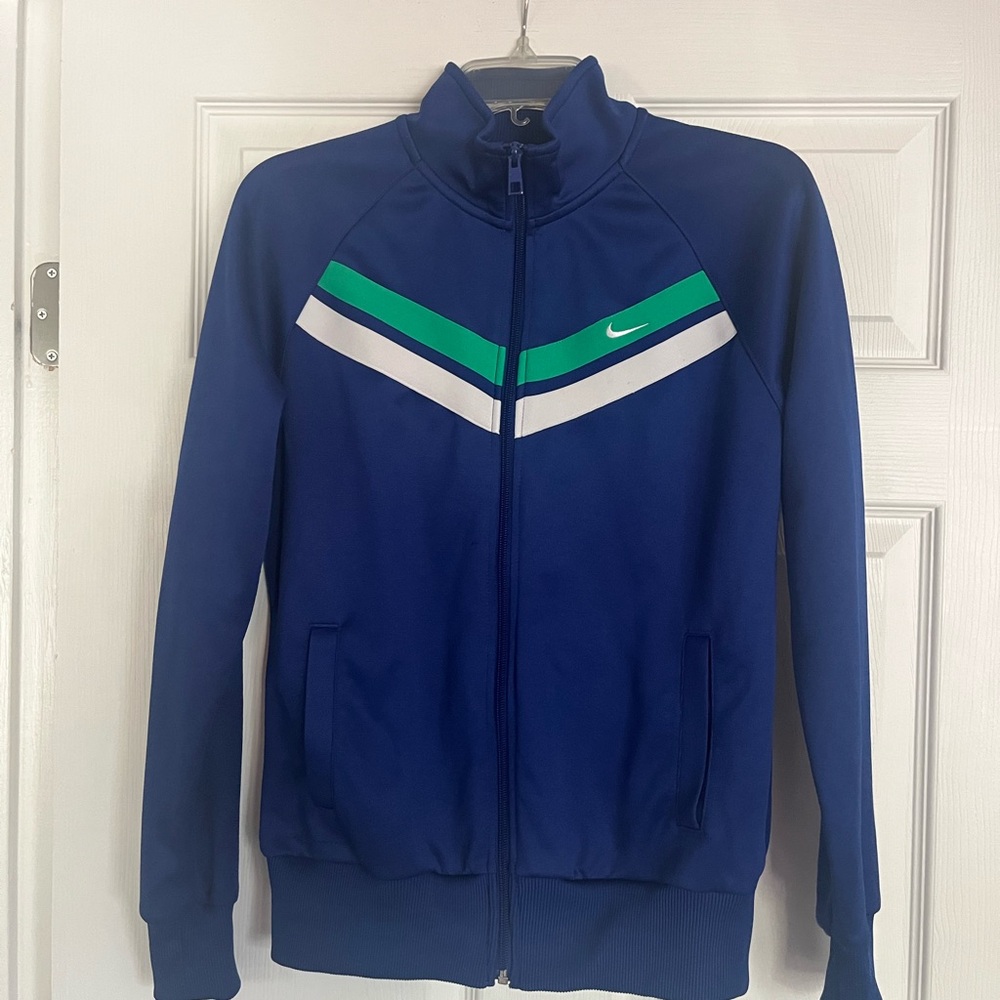 Nike Women’s Blue Windbreaker with Green and White Accents